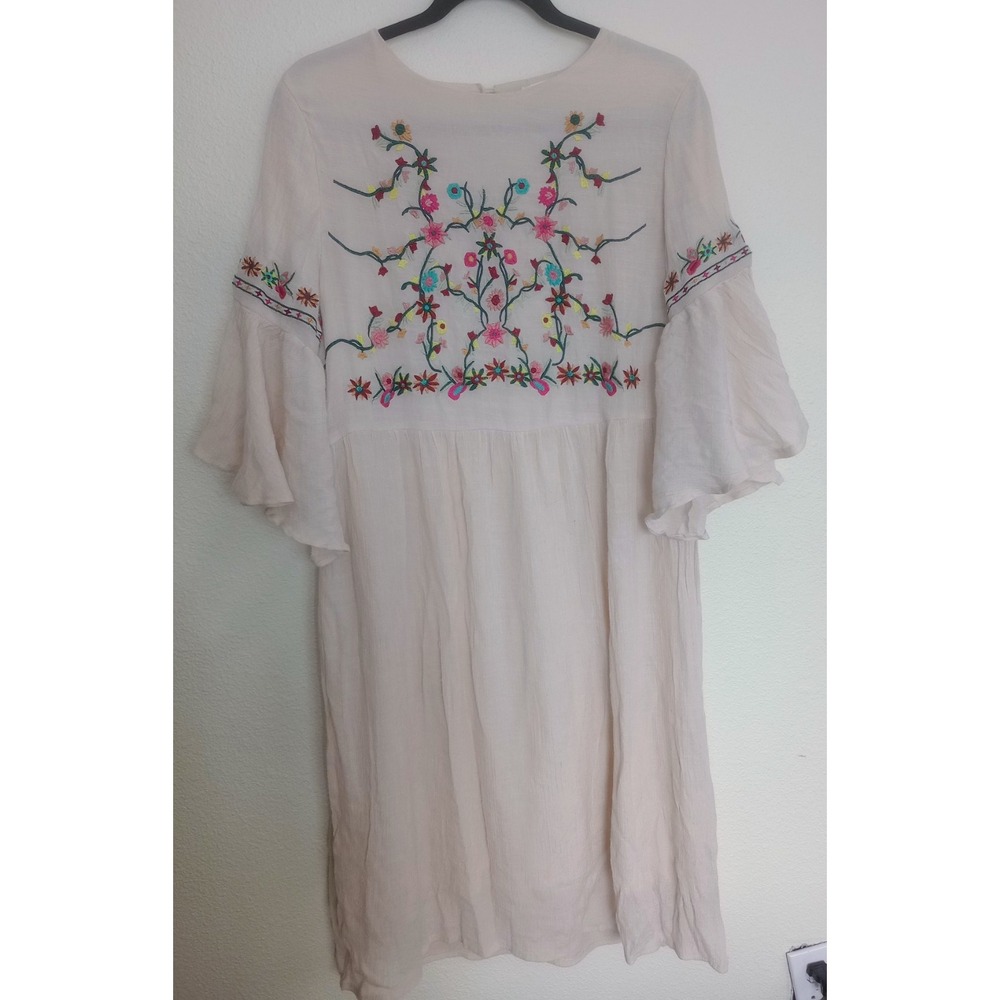 Brass & Roe CTS Dress Embroidered Floral Boho Gauzy Festival Lined Beige Large - Picture 1 of 5
